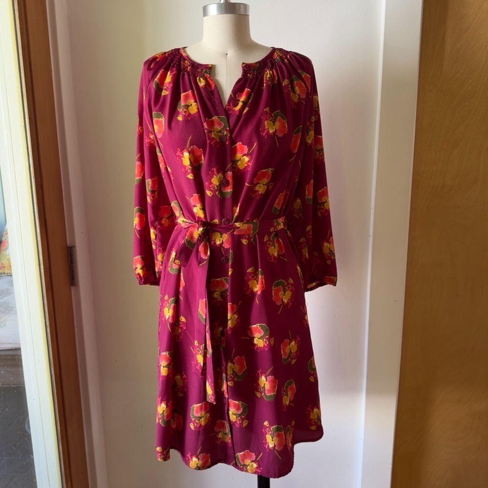 Tucker X Target Red Floral Smocked Shirt Dress-Waist Tie-Long Sleeve-Size Small